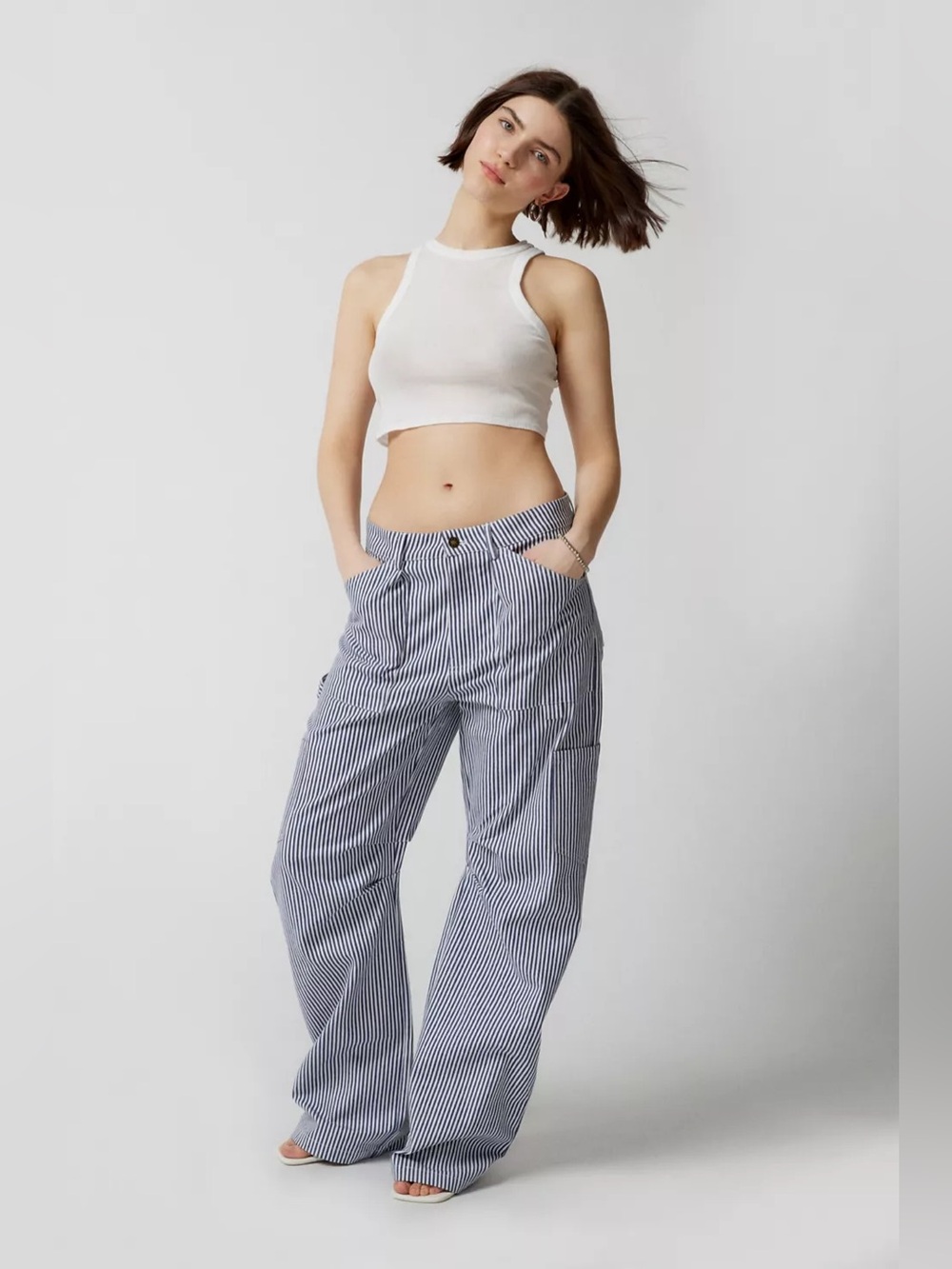 Lioness Miami Vice Navy/White Pinstripe Cargo Pants Size Medium High Rise